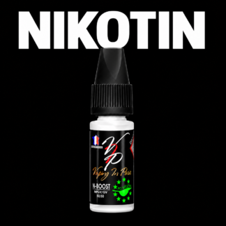 10-ml-Nikotin-Booster 20 mg/ml auf schwarzem Hintergrund mit der Aufschrift NIKOTIN