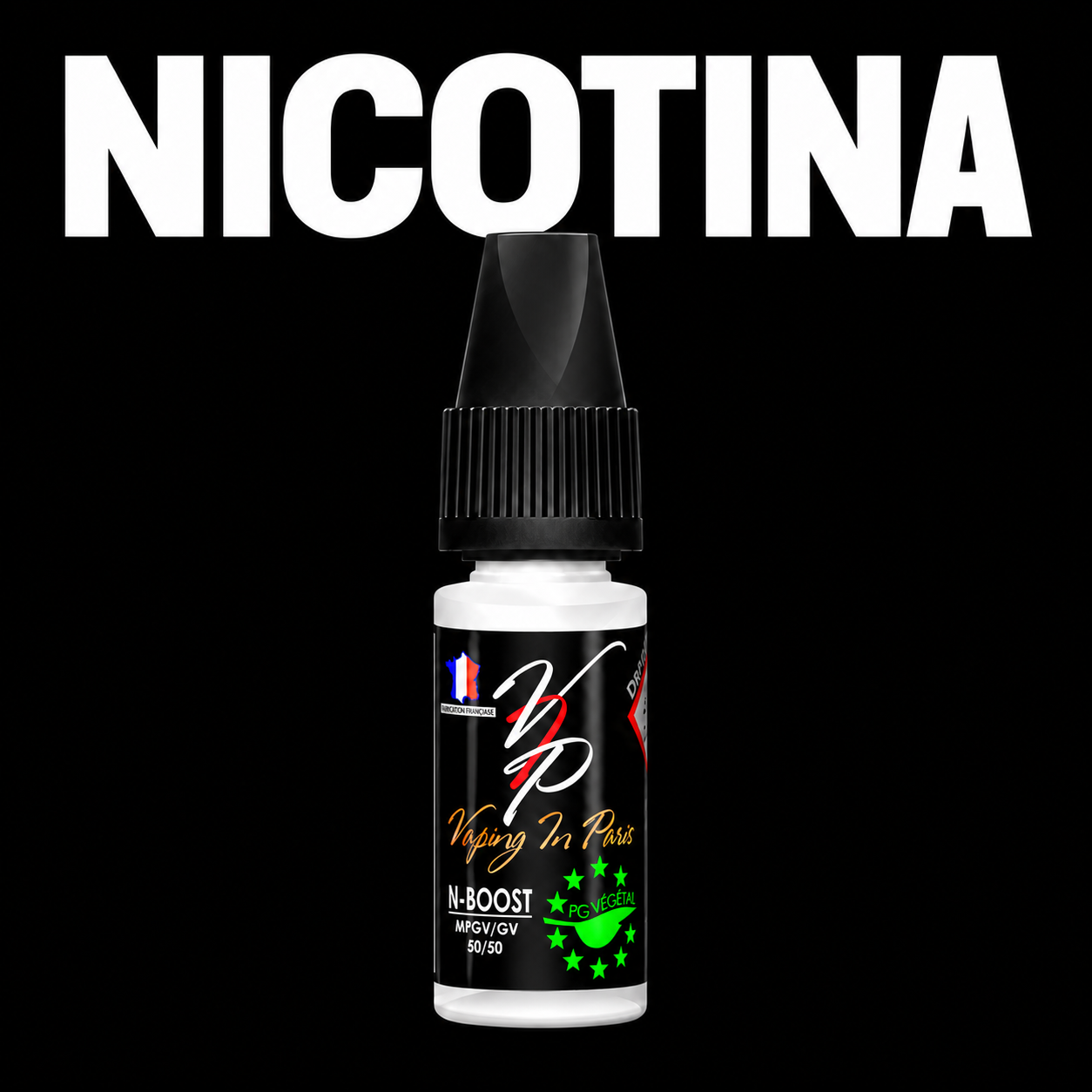 Booster di nicotina da 10 ml, 20 mg/ml, su sfondo nero con la scritta NICOTINA