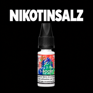 10-ml-Nikotinsalz-Booster 20 mg/ml auf schwarzem Hintergrund mit der Aufschrift NIKOTINSALZ