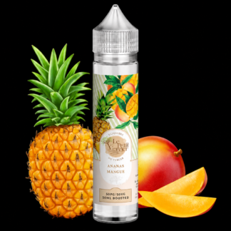 Petit Verger Ananas Mangue : flacon avec ananas et mangue sur fond noir