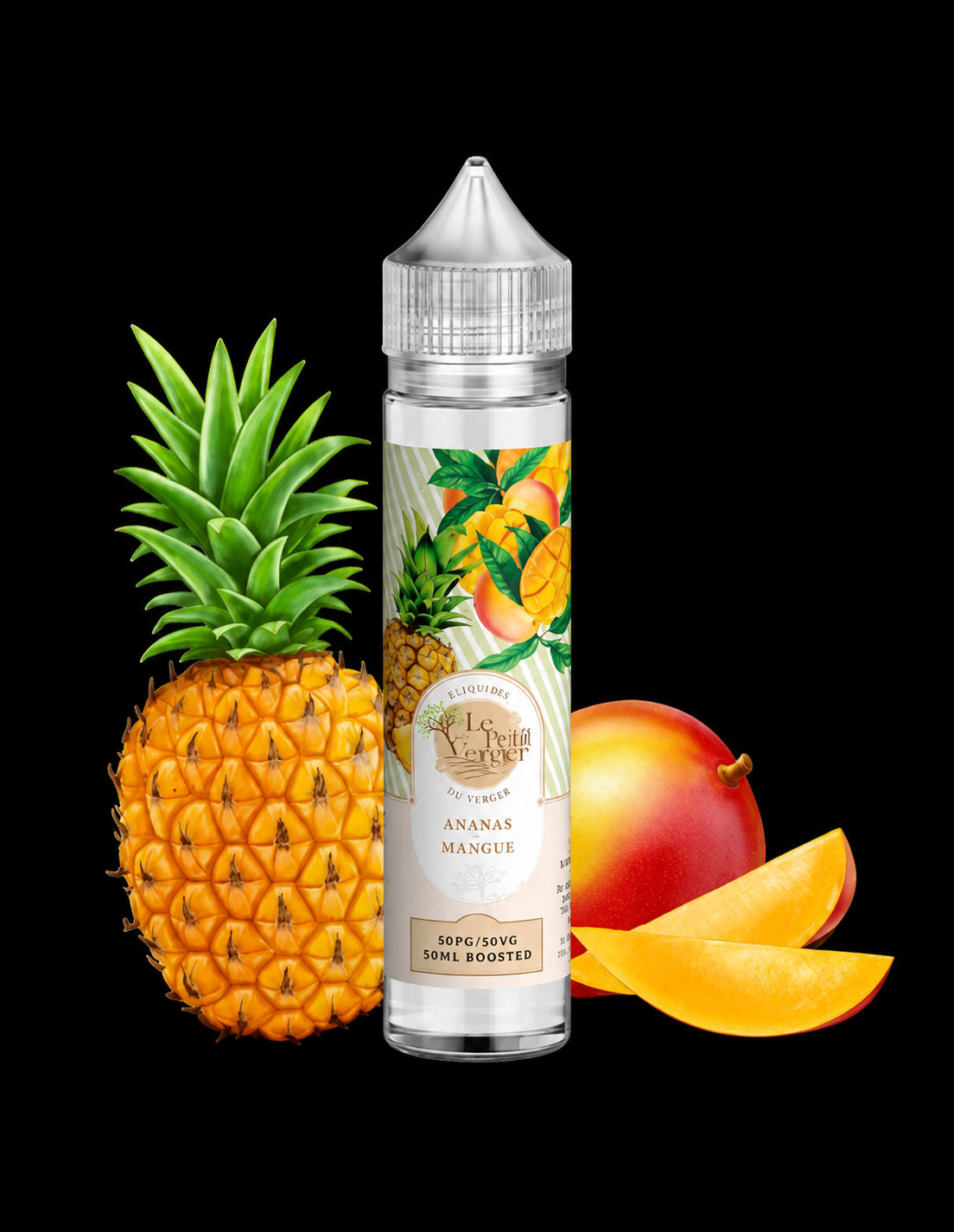 Petit Verger Ananas Mangue : flacon avec ananas et mangue sur fond noir