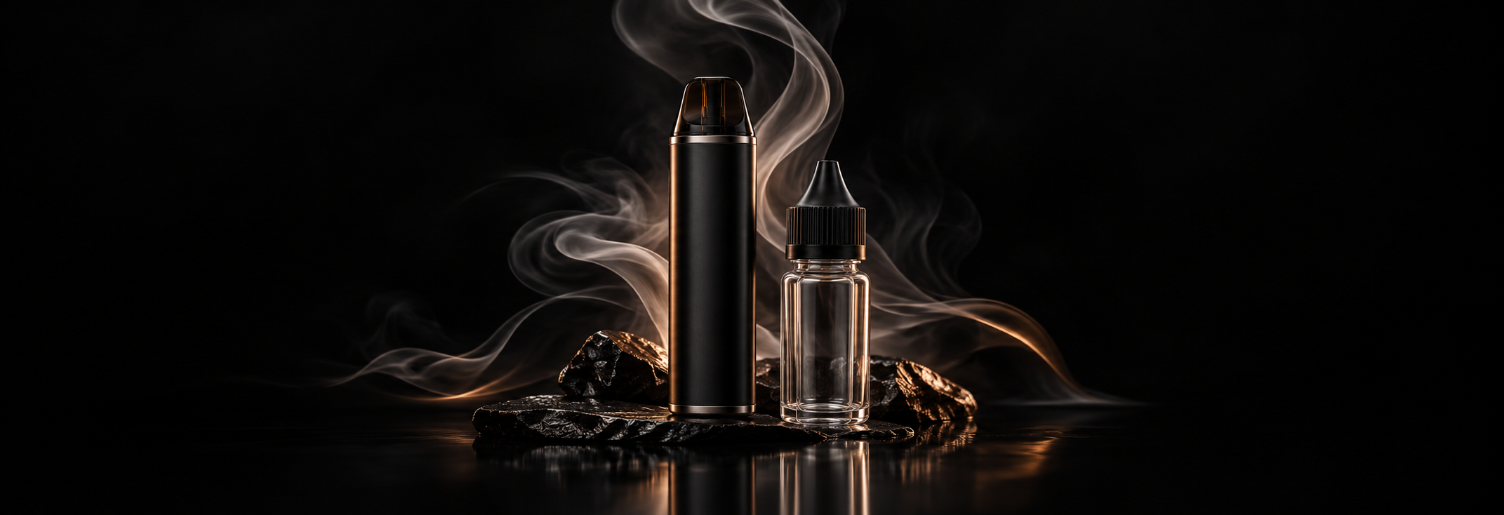 Vape et flacon dans une ambiance noire aux reflets dorés